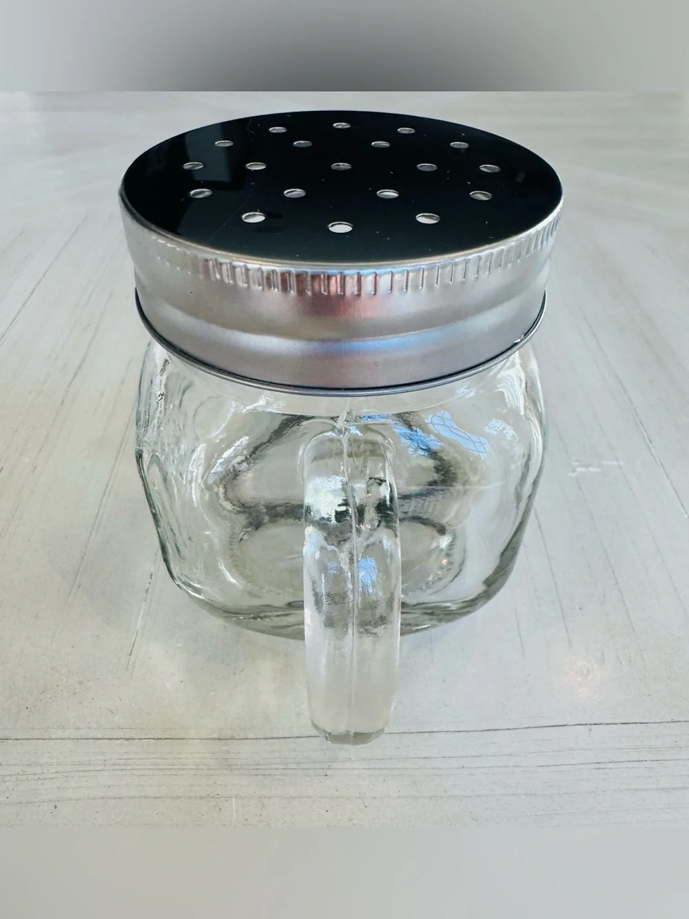 Country Style Mini Glass Mason Jar Mug w/ Handle & Silver Lid - 3.5” - Like New
